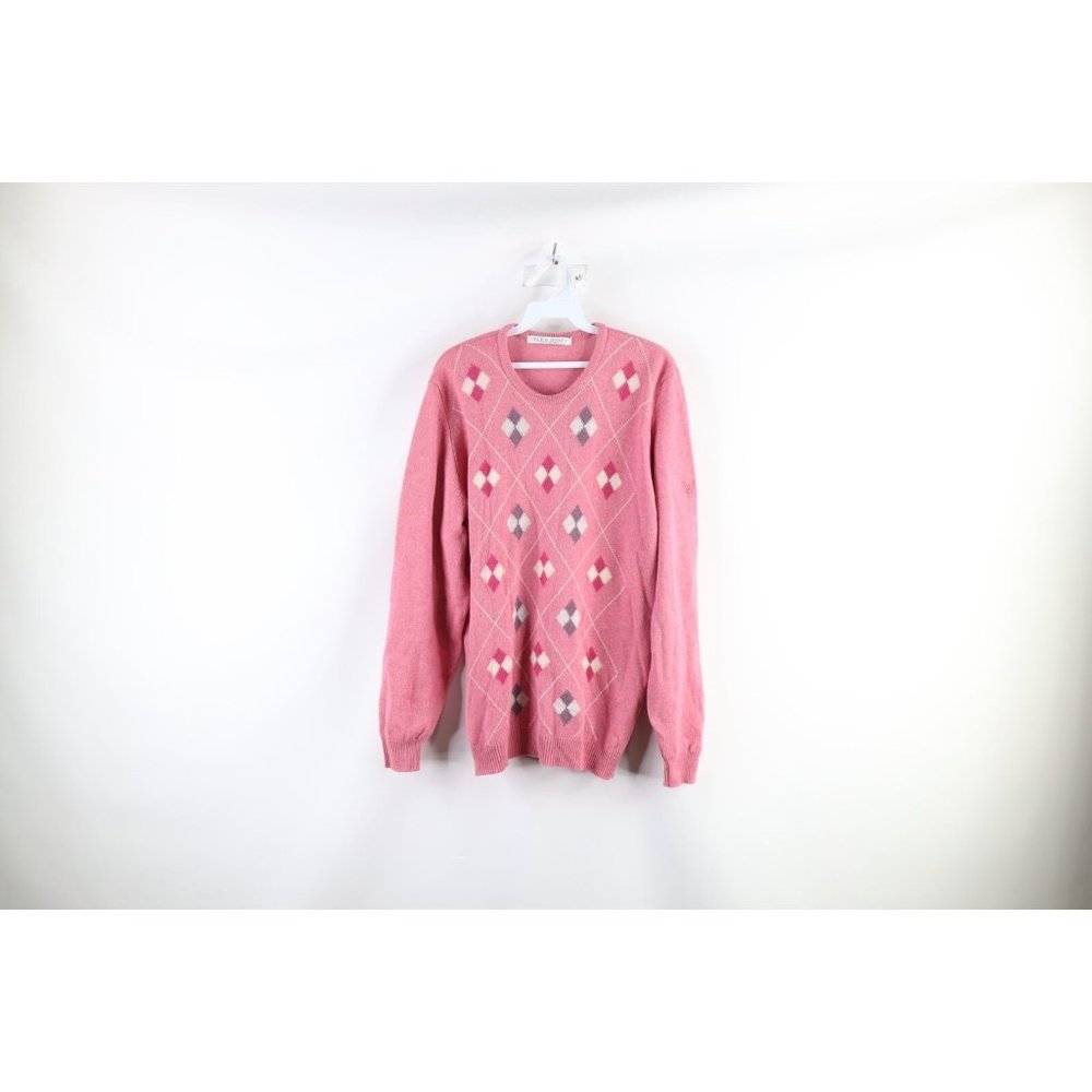 Vintage 90s Streetwear Mens Large Scottish Wool Knit Argyle Diamond Sweater Pink